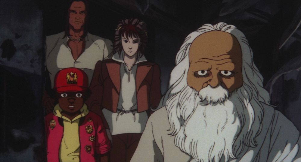 Screenshot from Harmagedon - Genma Taisen.  Four psychics - a native american man, a european woman with a glam rocker haircut, a small black boy with a red baseball cap, and an indian man dressed like a stereotypical guru - stand together.