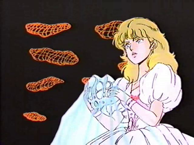 A screenshot from Scoopers.  Yohko stands in cyberspace, wearing a wedding dress and holding a veil.  She looks ticked off.