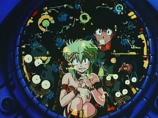 Screenshot from Outlanders.  Kahm and Wakatsuki are reflectedin some sort of radar display.