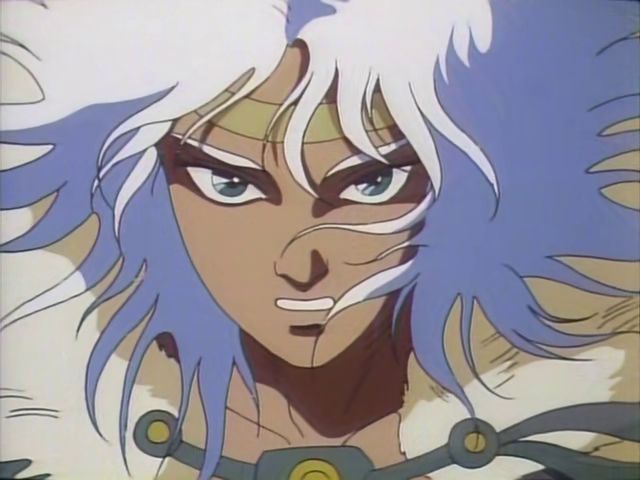 Screenshot from Amon Saga.  Amon, looking angry or determined.  His hair is floating in the wind.