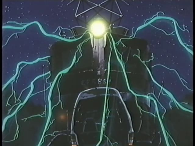 A screenshot from the OVA Take the X Train.  The X train, lit by ominous green lightning.  A starry sky is visible in the background.