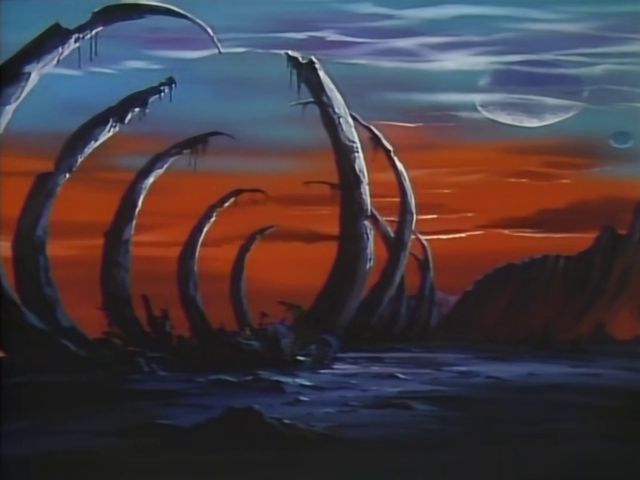 Screenshot from Amon Saga.  A small horse and man walk past the ribs of some enormous dead creature.