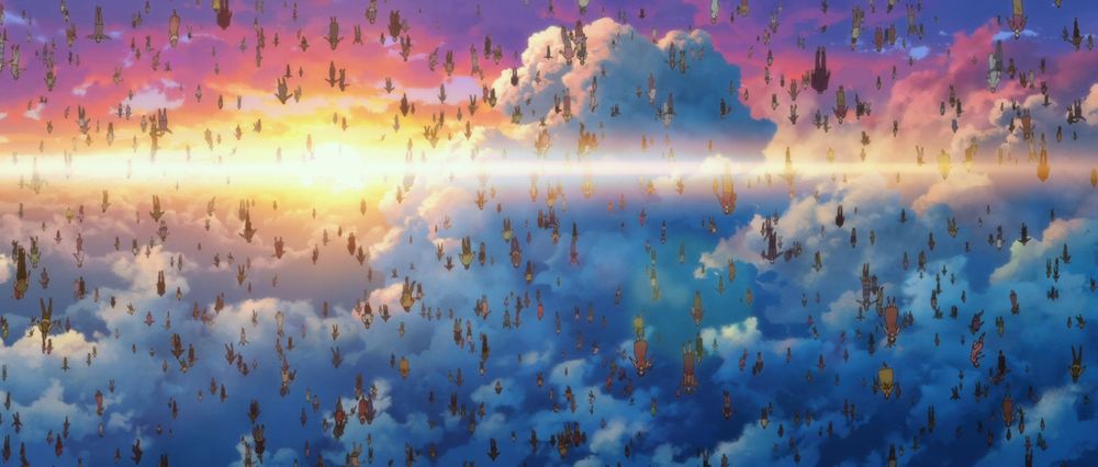 Screenshot from Evangelion 3.0+1.0.  Thousands of people fall out of the sky across a beautiful sunset filled with pinks and blues and fluffy clouds.