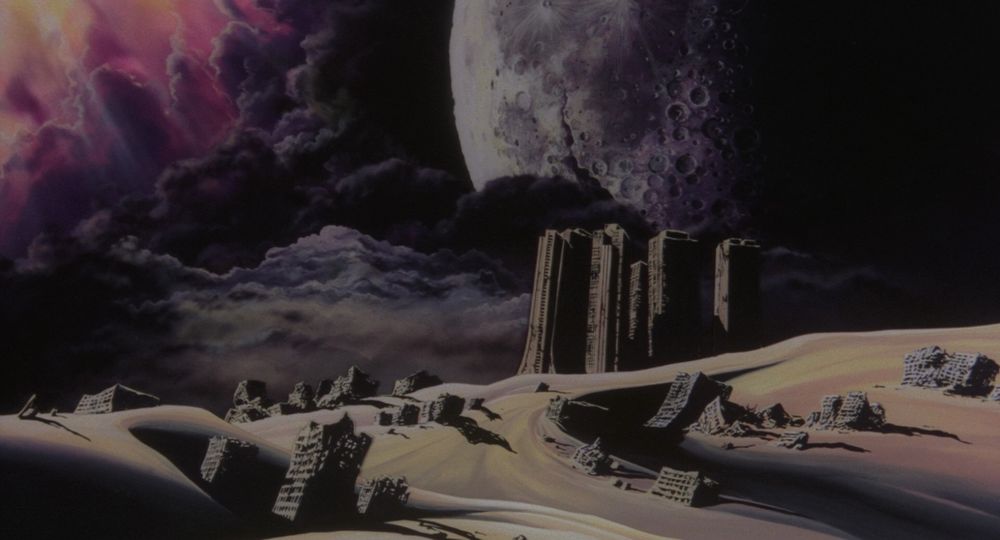 Screenshot from Harmagedon - Genma Taisen.  The ruins of a Tokyo converted to a desert with a cracked moon overhead.  There is a stormy, brooding sky full of blacks and purples.
