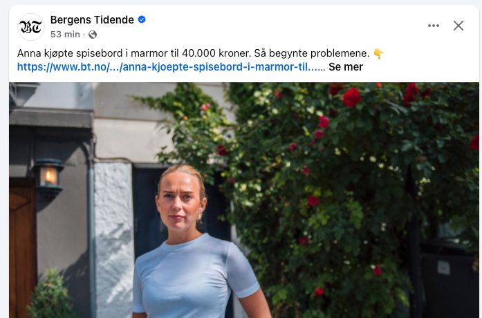 Frå Bergens Tidende: Anna kjøpte spisebord i marmor til 40.000 kroner. Så begynte problemene. 