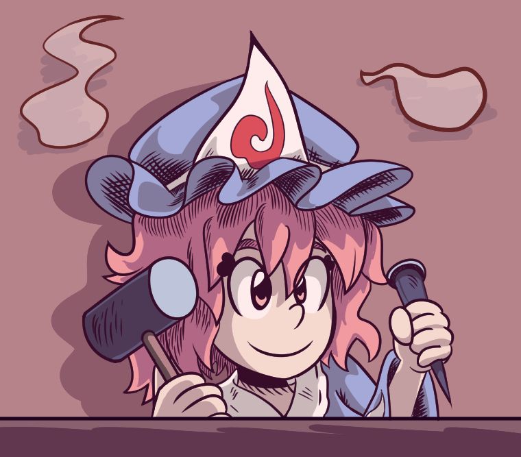 Yuyuko Saigyouji from Touhou Project with a hammer and pick/chisel, inspired from the position Mario is in during puzzles in Mario Picross