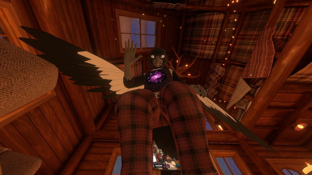 Low angle POV VRChat photo of Tymber looking directly at you with a happy open smile