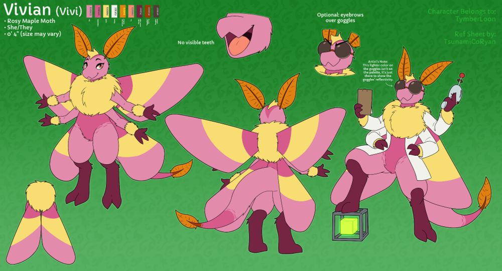 Refsheet for a rosy maple moth named Vivian. It shows a front and back pose, as well as a pose of them in a labcoat, holding a shrink ray, and stepping on a box of a mysterious green glowing solid.