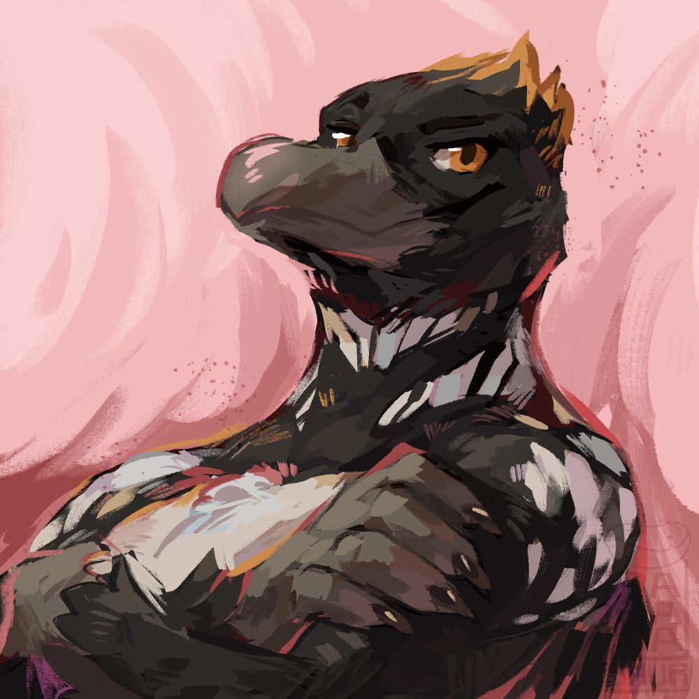 An expressionist painterly style drawing of a smug Tymber with arms crossed