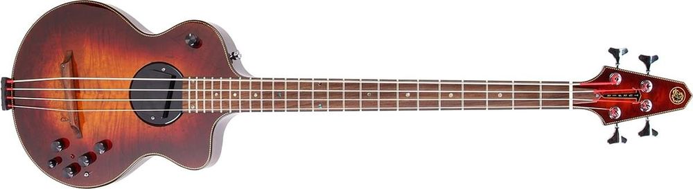 Rick Turner was known for his Model 1 series of guitar, but did you know that he also made basses? It's got the same single-cutaway body shape and movable pickup assembly, but with a bass humbucker instead of a regular one. This is a deluxe model with a piezo pickup and special preamp. There's a cluster of 5 knobs in the normal spot and one up by the upper bout, but I haven't been able to find out what exactly they do. I bet they're controls for volume and tone, a piezo volume, and EQ knobs.