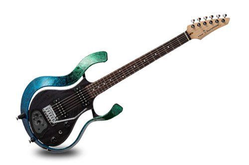 The Vox Starstream name was originally used for a teardrop-shaped guitar in the 1960s, but this newer model is something a lot weirder. Its body has a small wooden core and a frame that holds a large plastic strip. This strip helps create the normal guitar shape (narrow waist and two cutaway horns), but is spaced far enough away from the core that it actually leaves large gaps that you can see through. 

The guitar has two humbucking pickups, one volume and one tone control, a 3-way switch, and a Strat-style trem that also contains piezo pickups.  It also has a modeling preamp, which has an 11-position knob for the presets, a knob to control drive or reverb, an on-off button, a cancel button, a write button, and a 1/8" headphone output.