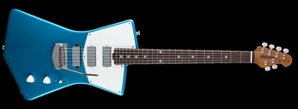 The Music Man St. Vincent model is one of the nicest modern designs I've seen. The body is shaped kinda like an asymmetrical bowtie. It's got 3 mini humbuckers, one volume and one tone control (with triangular knobs!), a 5-way blade switch, and a modern version of a Strat-style trem. It's also got the Music Man signature 4/2 split headstock.