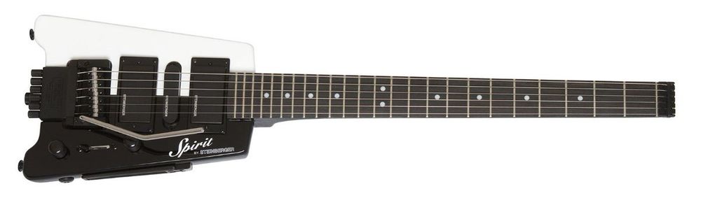 The Steinberger Spirit GT-PRO Deluxe is a headless travel guitar. It's got a roughly rectangular body that gets narrower toward the neck. This model has two humbuckers with a single coil in the middle, one volume and one tone control, a 5-way blade switch, and an R-Trem locking tremolo.