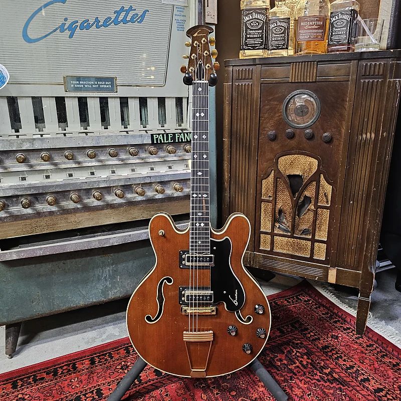 At first glance, this looks like any normal hollowbody electric guitar in the ES style: symmetrical body with two F-holes; two Gretsch-style single-coil pickups, each with its own volume and tone control; 3-way switch on the upper horn; and a trapeze tailpiece. Look at the pickguard and the mushroom-shaped 3/3 split headstock, however, and you'll realize that this isn't any normal hollowbody. It's an Ovation, specifically the Thunderhead model.

I had no idea Ovation made anything that wasn't an acoustic guitar until just now. Turns out David Cassidy played one of these on the Partridge Family TV show, as well as a Breadwinner. Who knew?