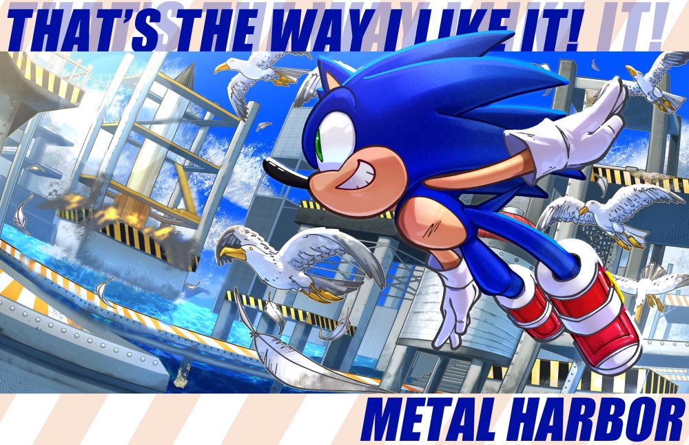Sonic flying through the air with a flock of birds admiring a launching rocket. The words “That’s the way I like it” and “Metal Harbor” written on the top and bottom of the canvas.