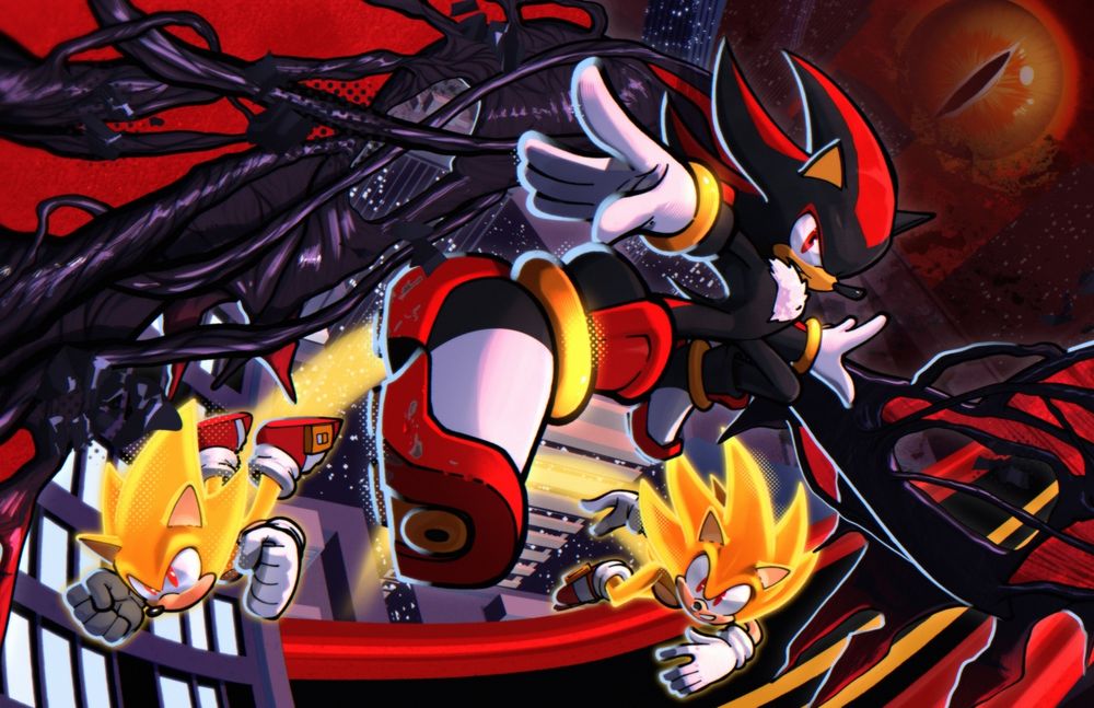 Shadow flying with Super Sonic and Classic, while the doom’s eye looms ominously in the skies behind. 
