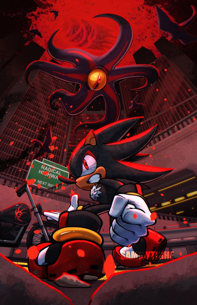 Shadow looking around a city being invaded by the black arms with Black Doom and the Comet looming above