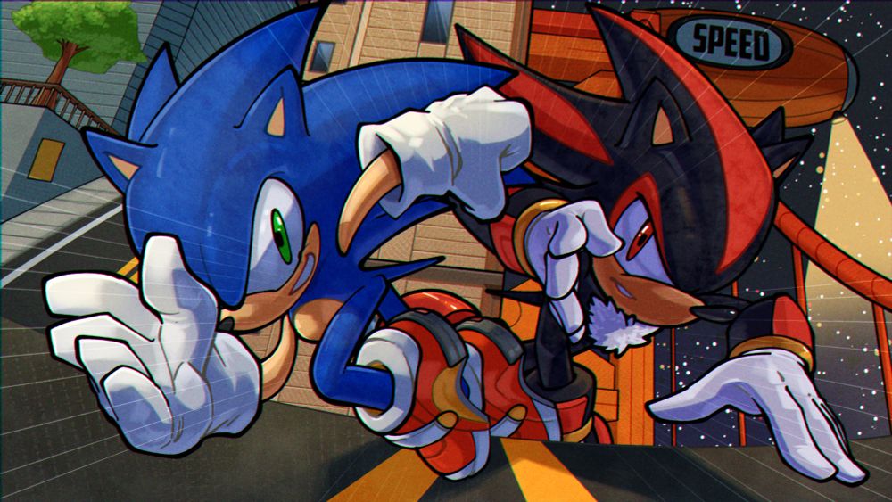 Sonic and Shadow racing towards the camera, Sonic with City Escape behind him and Shadow with Radical Highway behind him
