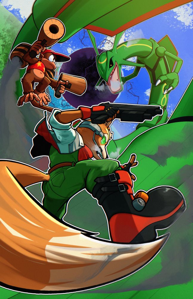 Fox and Diddy fighting Rayquaza while a Subspace Emissary sphere forms in the background.