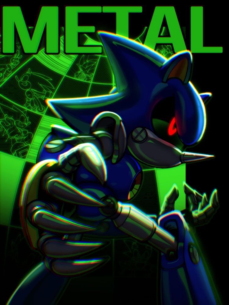 Metal Sonic looming in front of a green screen displaying multiple images of Sonic