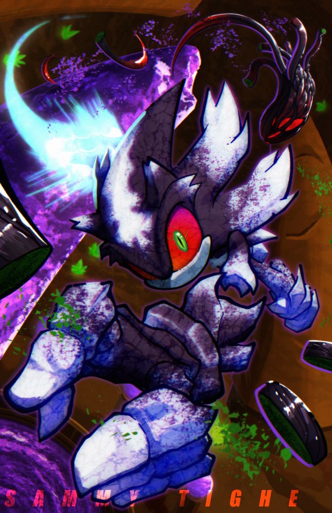 Mephiles lunging towards the camera while chunks of Shadow’s doom morph tentacle fly around him.