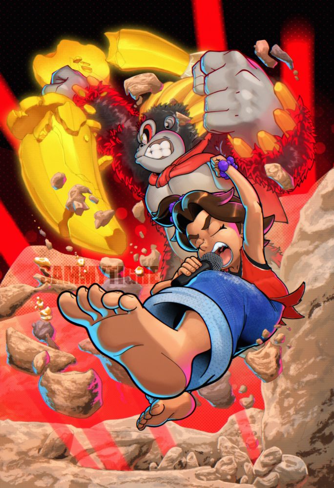 Pauline screams into her microphone while Donkey Kong shatters the earth beneath her, striking a banana and shattering it.