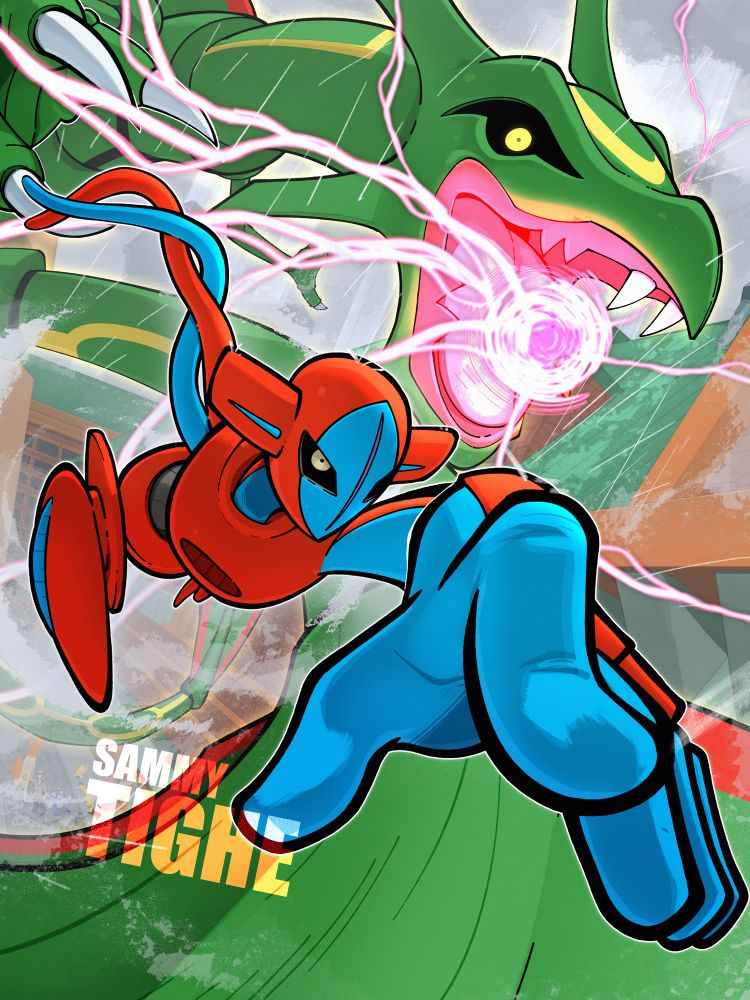 Rayquaza chasing Deoxys through a foggy city
