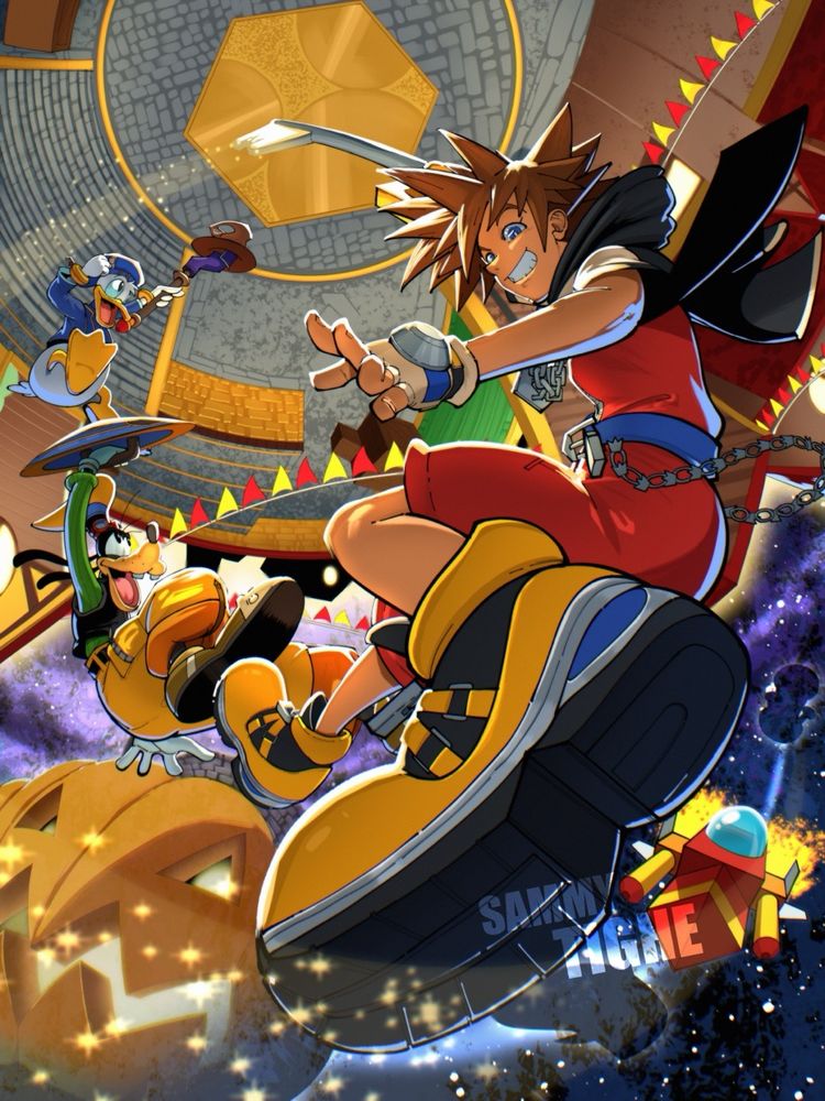 Sora, Donald, and Goofy flying above/towards the world of Traverse Town in Kingdom Hearts.