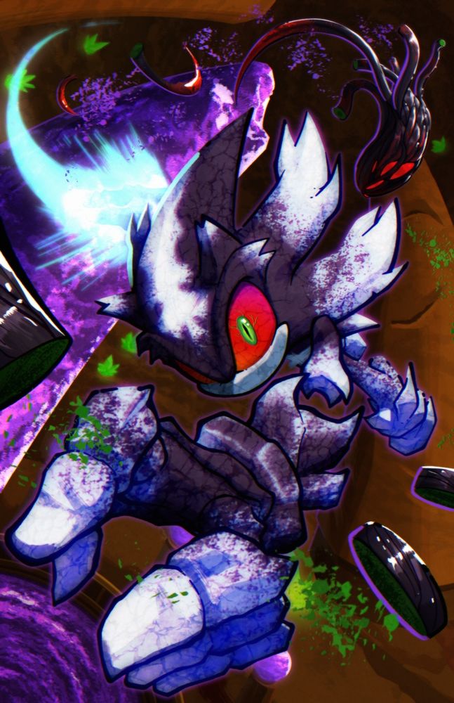 Mephiles lunging forward, swiping through the tentacles of Shadow’s Doom Morph form with The Move That Kills Sonic.