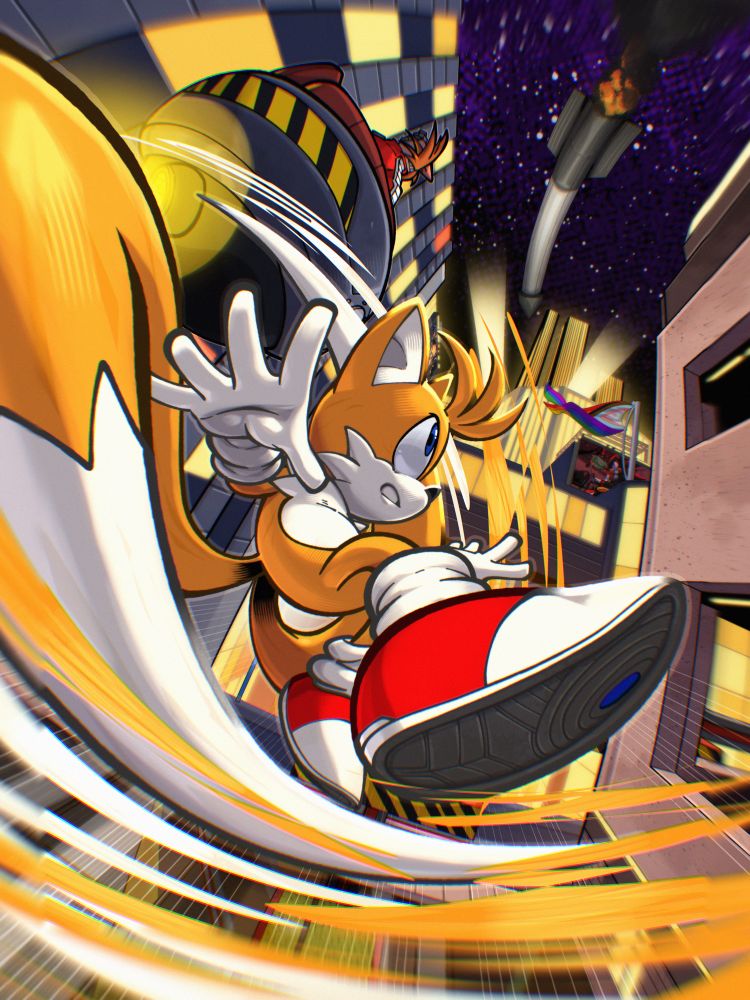 Tails racing Eggman, chasing after a missile in the sky.
