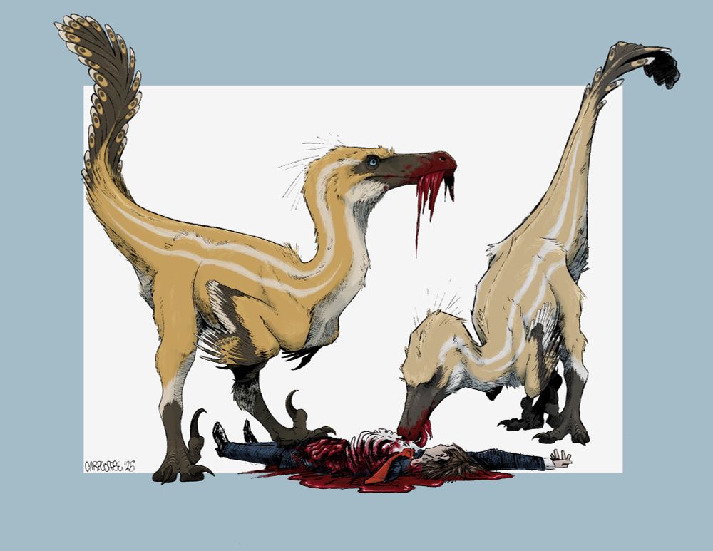 A pair of creamy-yellowish Austroraptors, tearing apart a man wearing a suit and red tie. He lays there ribs and intestines exposed as the raptors chow