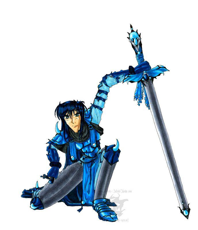 Drawn in early 1990s anime style, a lean male knight in blue draconic inspired armor with a sword propping up their left arm.  His eyes are dark green and his hair is black with blue highlights, ragged bangs and falling to his shoulders.  Dark black chainmail coif around his neck, decorative ribbons of blue fabric embellished with large blue gemstones hang on the bottoms like weights.  The armor is a medium cobalt blue edged with black, in a decorative, instead of practical style.