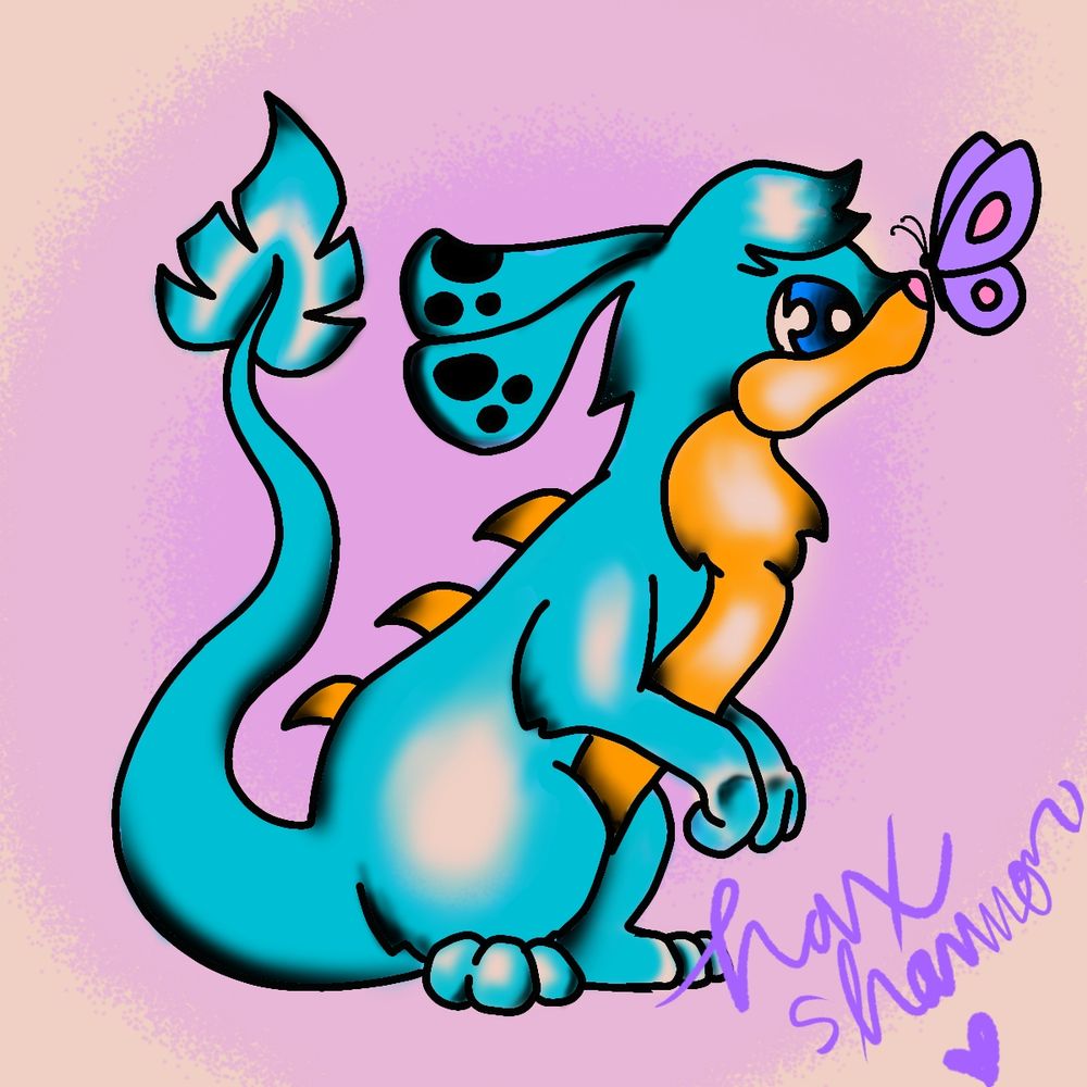 tattoo flash of a blue zafara sitting in profile with a purple butterfly perched on its nose