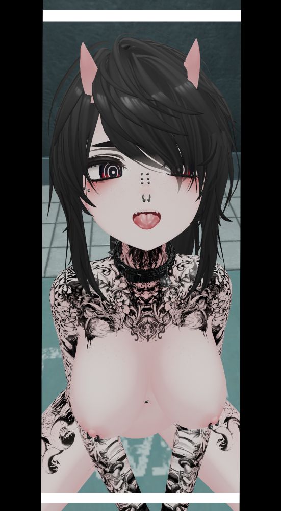 an oni girl with black hair and red eyes looks up at you with her tongue out, give her some meat