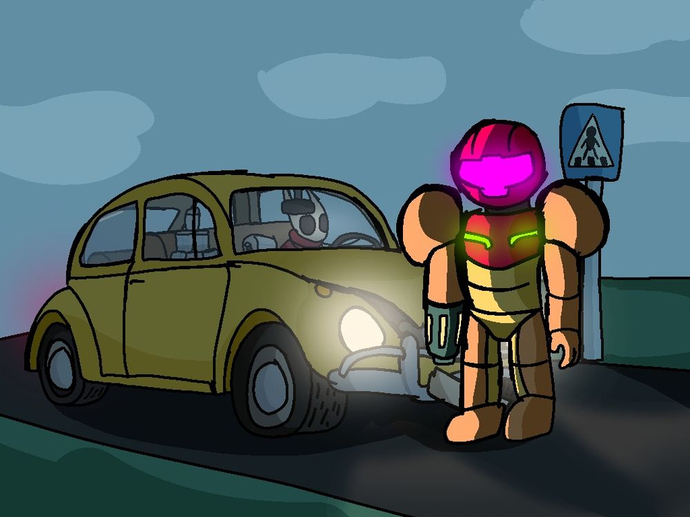 Hornet driving yellow VW Beetle at night, crashed into Samus Aran who was crossing a road