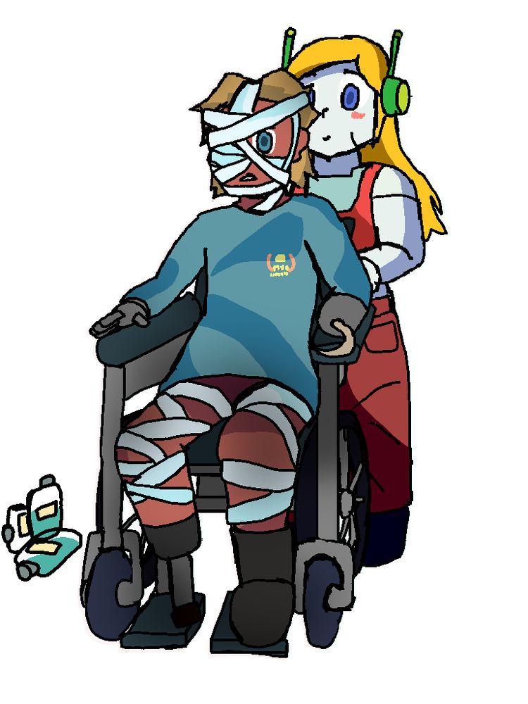 Captain Curly [in not-so-damaged form] sits on a wheelchair while Curly Brace assists him.