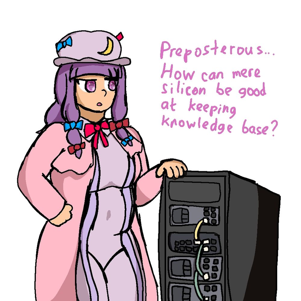 Patchouli Knowledge standing by server rack with annoyed expression
"Preposterous... How can mere silicon be good at keeping knowledge base?"