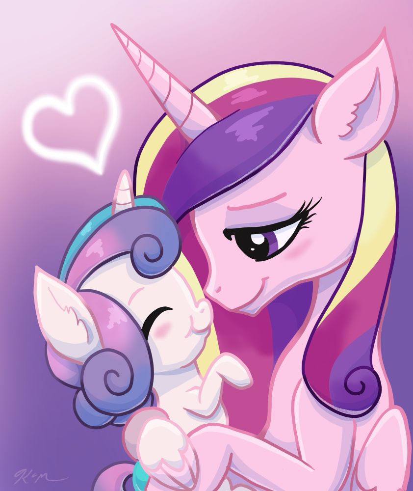 Cadance from MLP cuddles her daughter Flurry Heart. 