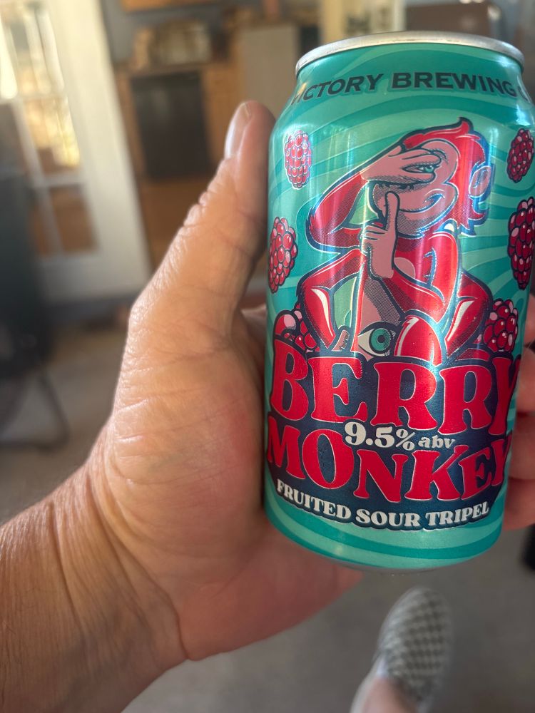 A can of beer, teal in color with bright red lettering. It is a can of berry monkey, a fruited sour tripel ale. 9.5% ABV. This is how you do fruit beers 