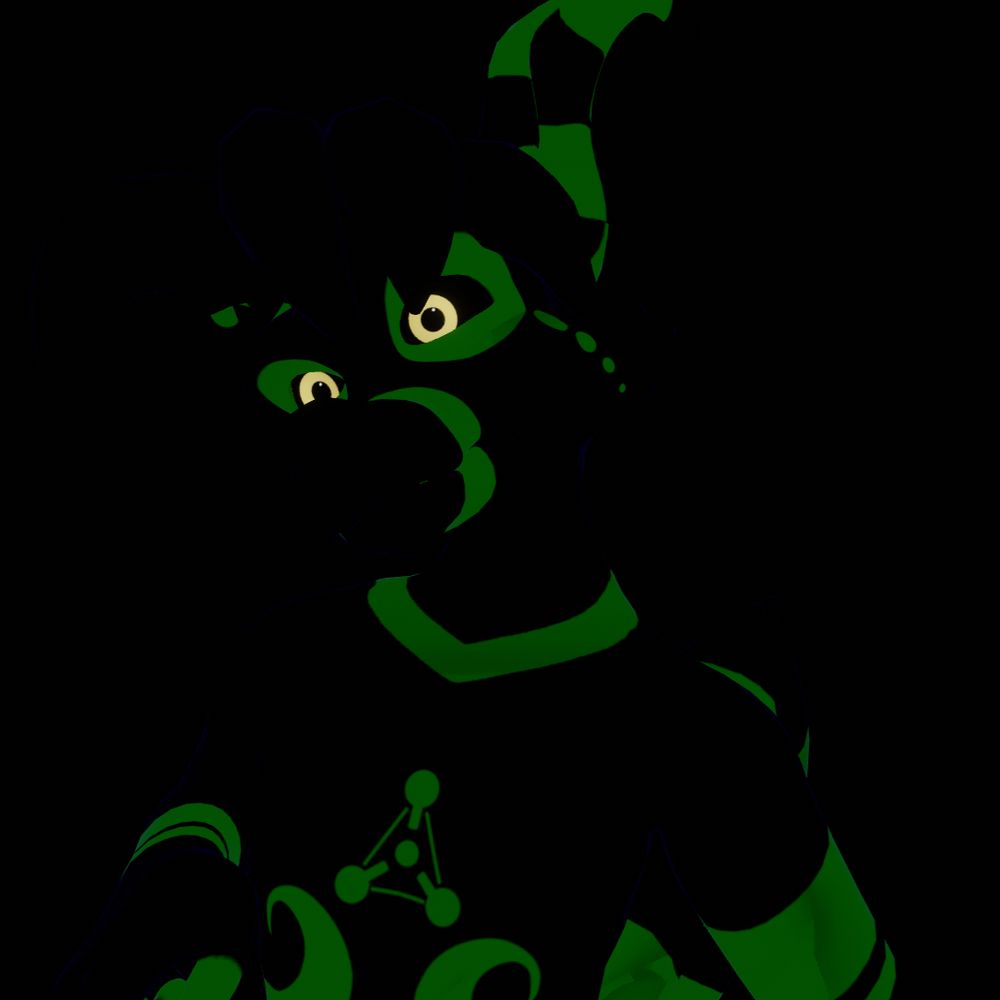 A top third view of Turmoil, a strange creature called a crux. The environment is pitch black hiding many features, but their markings appear phosphorescent green and glow in the darkness. They have a strange long canine-esq muzzle. Striped, spotted and spiral markings, yellow on black glowing eyes and striped ears. He's staring at the camera with a smirk, the strange symbol in his fur of three dots arranged in a triangular pattern visible.