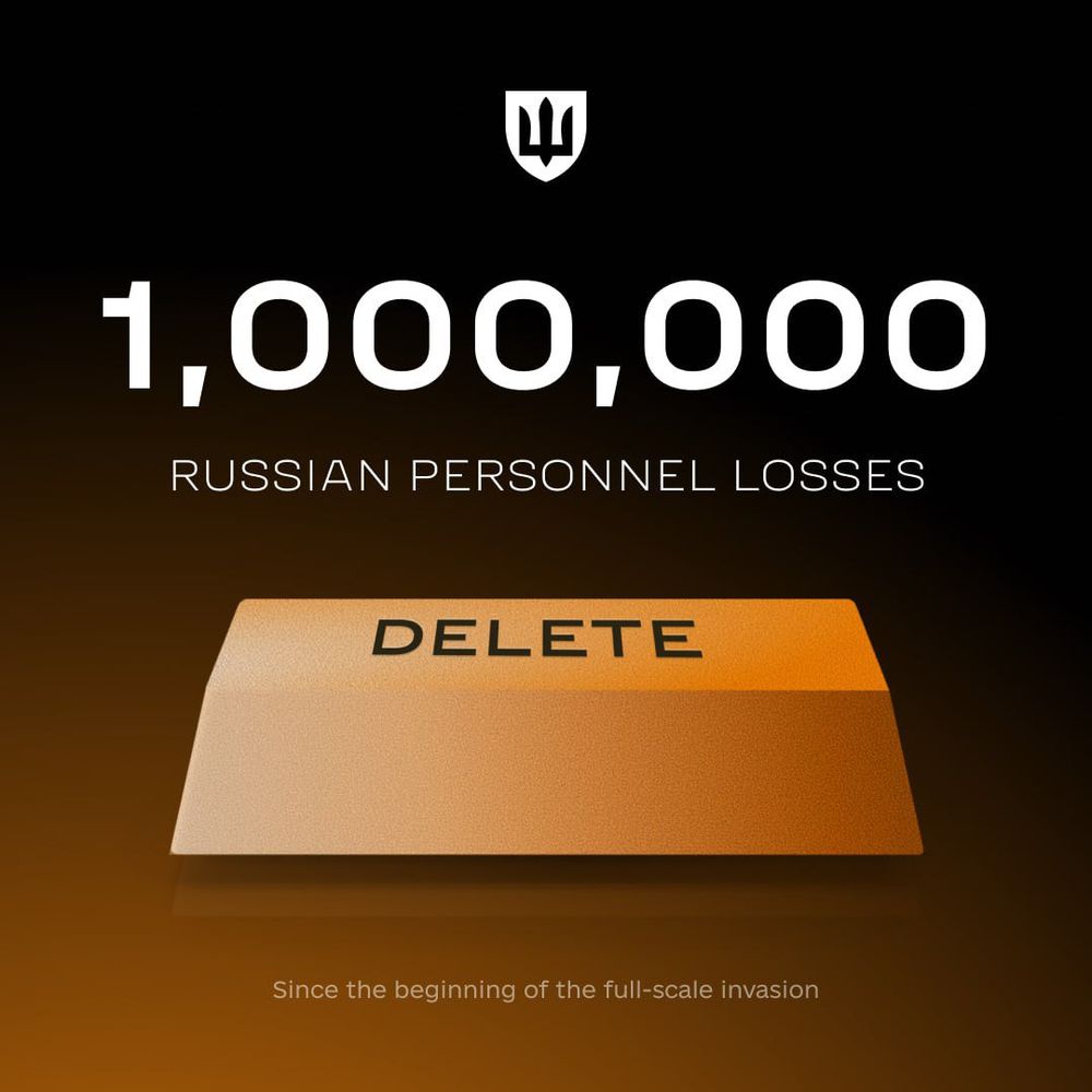 Ukrainian warriors have eliminated 1,000,000 ruzzian occupiers since February 24, 2022. 

Russia's 3-day 'Special Military Operation' is going according to the plan.