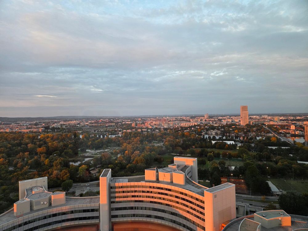 View from high buildings in the sunset with an orange glow