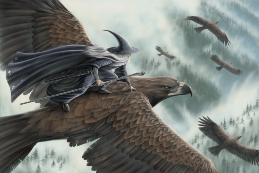 Gandalf riding an eagle with other eagles flying below, all above a misty forest