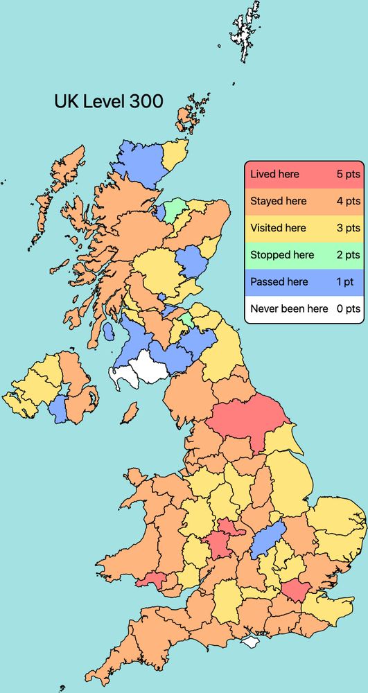 Map of the UK indicating where I've lived, stayed, Visited etc.