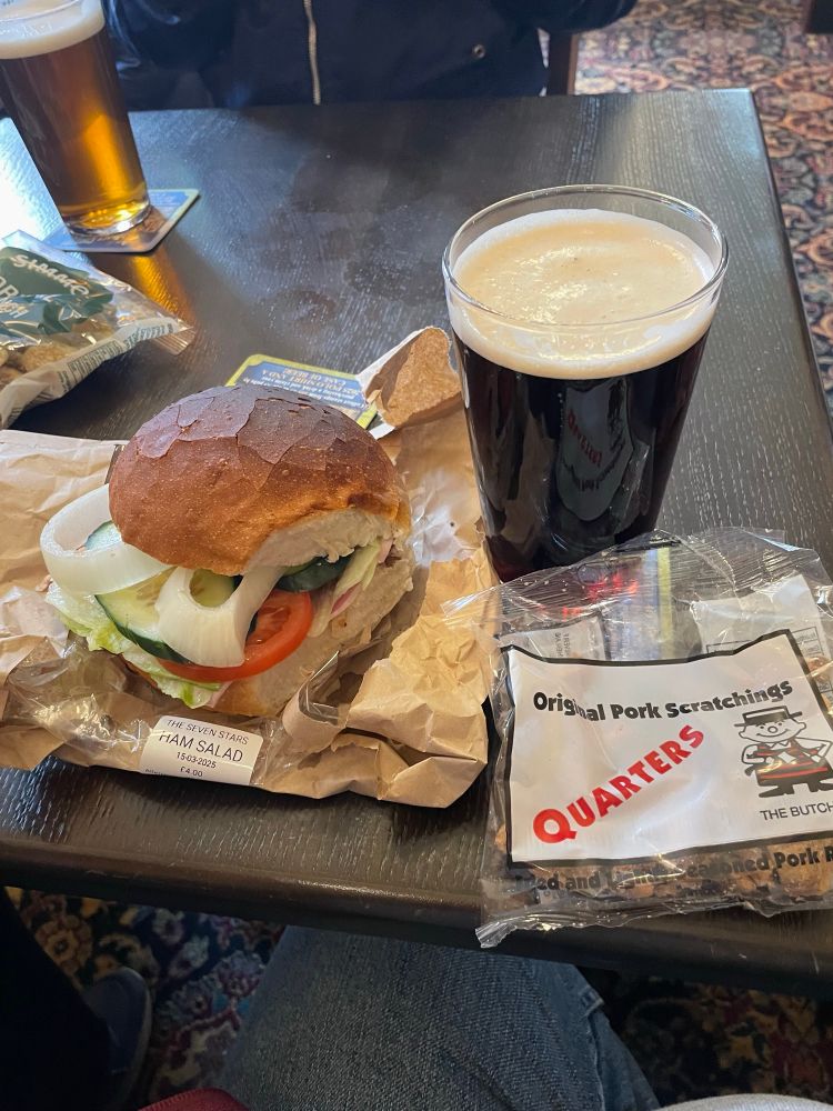 Ham salad cob, scratchings & a pint of stout.