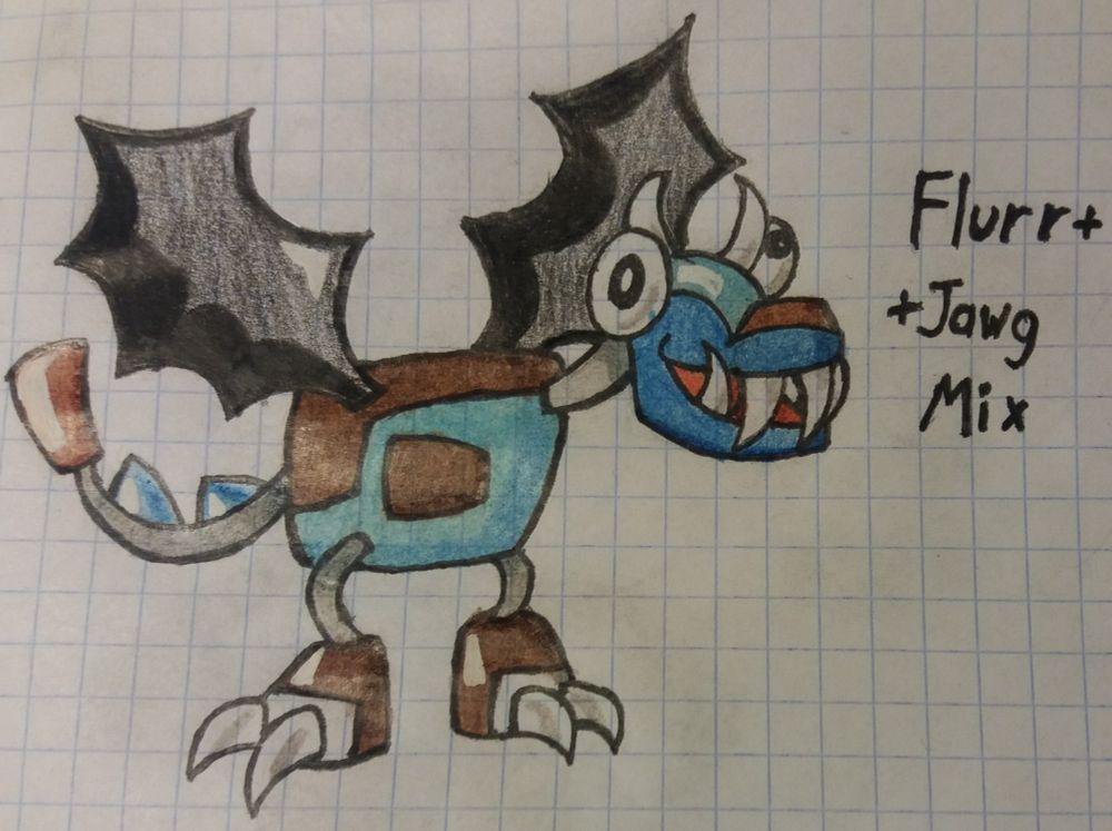 A traditional drawing of a mix(a cohesive fusion) of Flurr and Jawf from Mixels on a white checkered paper background. The mix's torso is Jawg's but with a light blue bottom half. His legs are Flurr's, while his feet are Jawg's that have been modified to have Jawg's teeth as claws in a similar way that Flurr has claws on his feet. This mix has Flurr's wings. Its tail belongs to Flurr, while the tip of it belongs to Jawg. The head is mostly Flurr's, but his "nostrils" are replaced with the rectangular part from the top of Jawg's head. His mouth sports four sharp fangs from Jawg: two bottom ones near the edges of the mouth and two top ones near the middle of it. Two of Jawg's teeth also adorn this mix's head like horns. Its left eye is Jawg's, while its right eye is Flurr's.