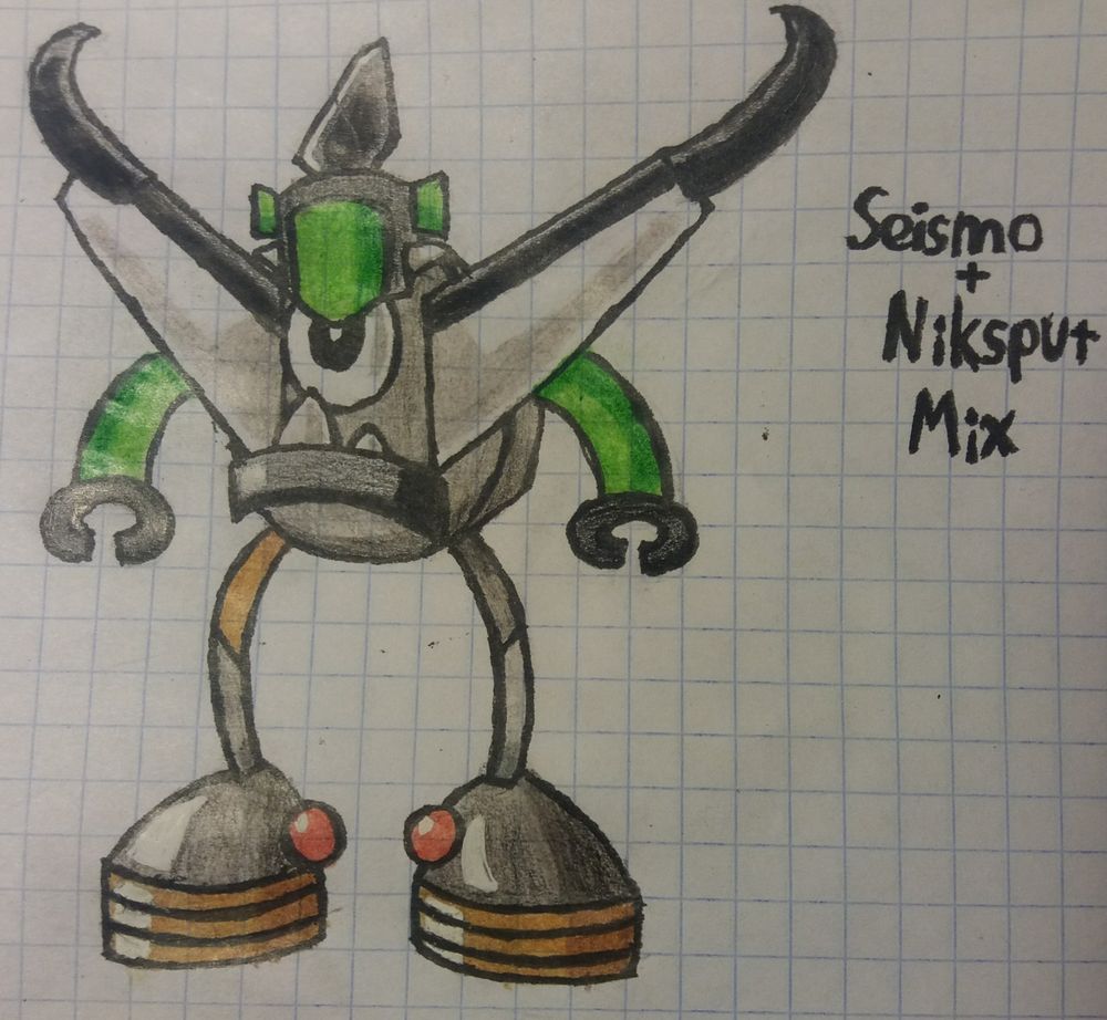 A traditional drawing of a mix(a cohesive fusion) of Seismo and Niksput from Mixels on a white checkered paper background. This mix resembles Seismo the most. His body, eye, and legs are the same as Seismo's. The top of his feet are Seismo's, while the bottom are Niksput's. They also have the red lights from Niksput's wings on their sides. This mix has Niksput's mouth. His arms are also Niksput's, but lacking the wings. Niksput's wings are instead attached to each side of Seismo's body and are tipped with Seismo's horns. Niksput's entire top jaw, aside from the eye, is replacing Seismo's brow.