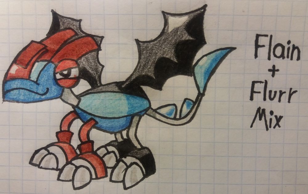 A drawing of a mix(cohesive fusion) of Flain and Flurr from Mixels. This fusion mostly takes on Flurr's shape, with the main difference being that it's quadrapedal with flains legs  becoming the front ones. The torso is Flurr's, but with a black segment added on top. The had is also just Flurr's, but with Flain's horns and eyes added in. This mix still possesses Flurr's wings and tail.

#mixels