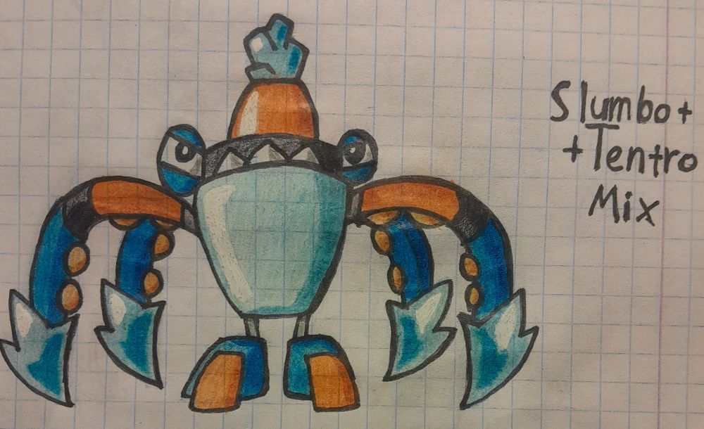 A traditional drawing of a mix(a cohesive fusion) of Slumbo and Tentro from Mixels on a white checkered paper background. The main body of this mix is primarily Slumbo's, but his teeth are replaced with Tentro's. Slumbo's ice crystal is stacked on top of Tentro's squid head thing. Slumbo's arms are replaced with Tentro's tentacles, which look largely the same, except for their lower segments being blue like Slumbo's arms, as well as having ice crystals on their tips that look similar to Slumbo's hands. The feet are Slumbo's, but his "toes" are replaced with orange rectangles like the ones that are on the side of Tentro's body.