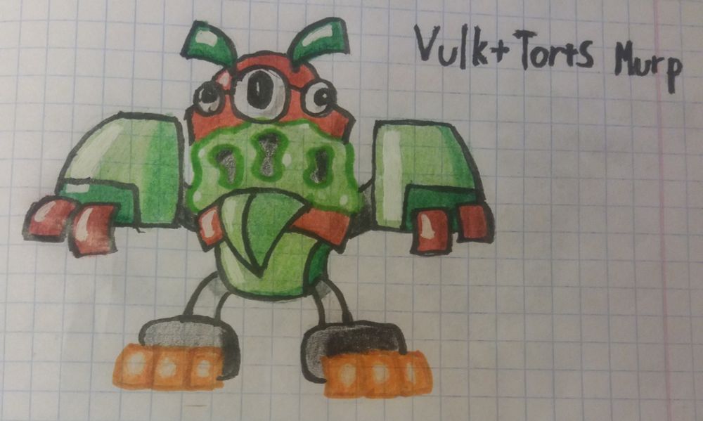 A traditional drawing of a murp(a scrambled-looking fusion) of Vulk and Torts from Mixels on a white checkered paper background. Torts' body stays intact.  The legs and feet of this murp are just Vulk's arms and hands. Vulk's head is also relatively intact. Torts' nose is attached to Vulk's bottom jaw in the middle. This murp possesses the eyes of both mixels it's comprised of, with Vulk's eye being in the middle and Torts' eyes being to each side of it. They are attached to Vulk's upper jaw. Its mouth is open and stuck together with Torts' slime. Torts' antenna are attached to the top of Vulk's head. Its arms are actually Vulk's legs with Torts' feet acting as hands. The dark green rectangle has moved to the bottom of Torts' feet. Vulk's "toes" act as fingers for this murp.